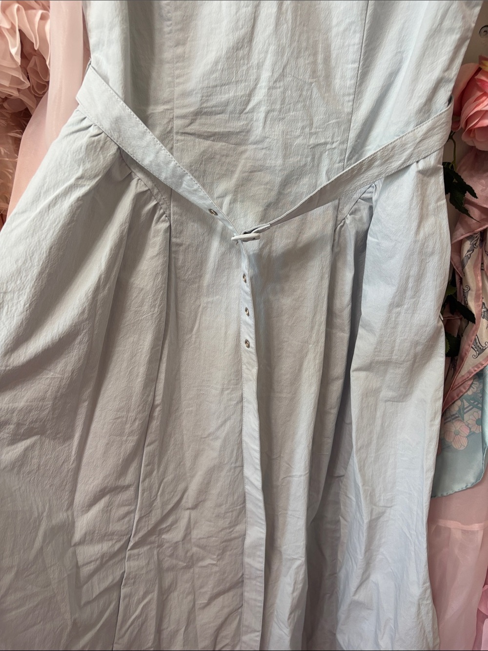 Light Blue Midi Dress with Puff Sleeves and Waist Tie - Picture 3 of 5